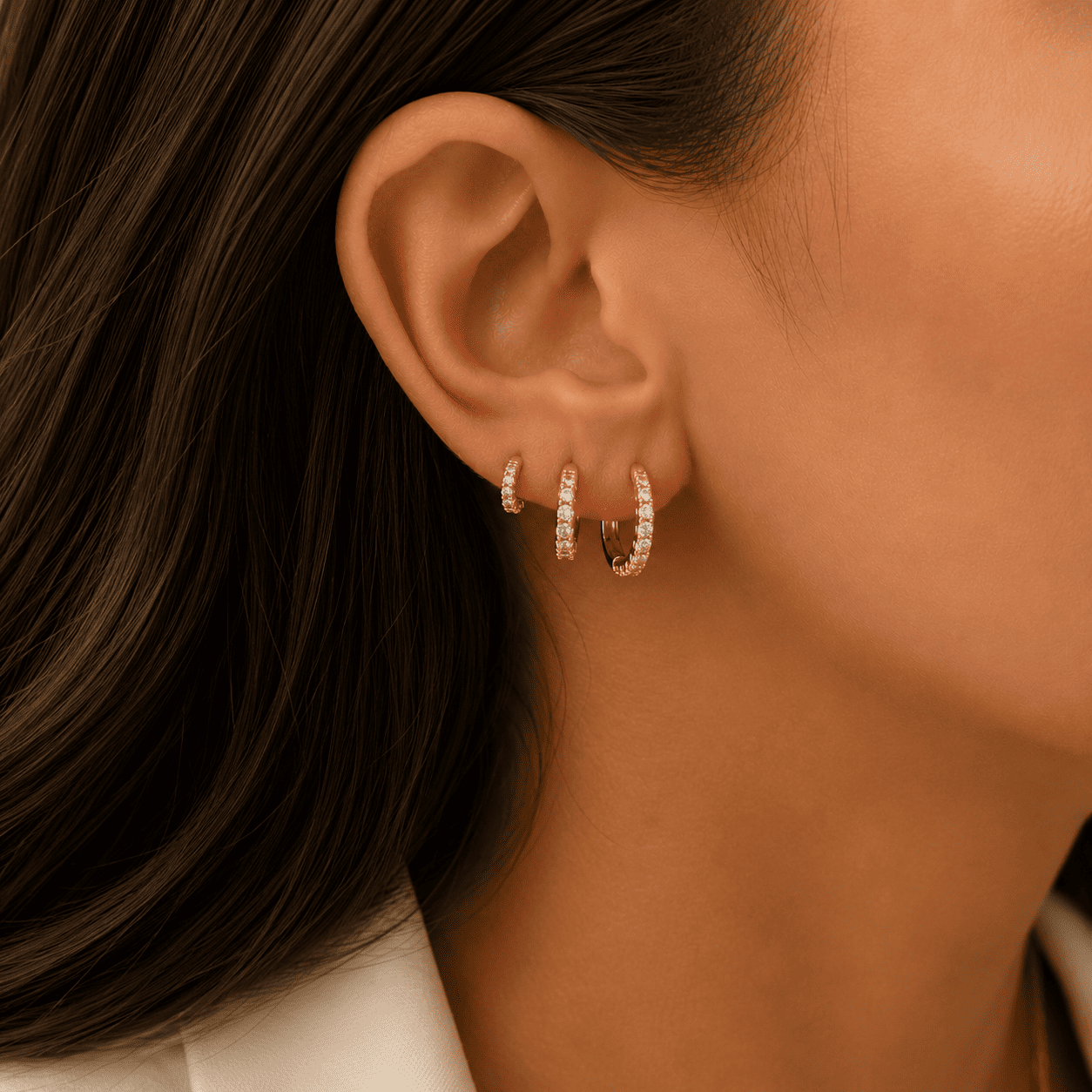 Trio de Brincos Argola Banhado a Ouro 18k com 1 Linha de Zircônias