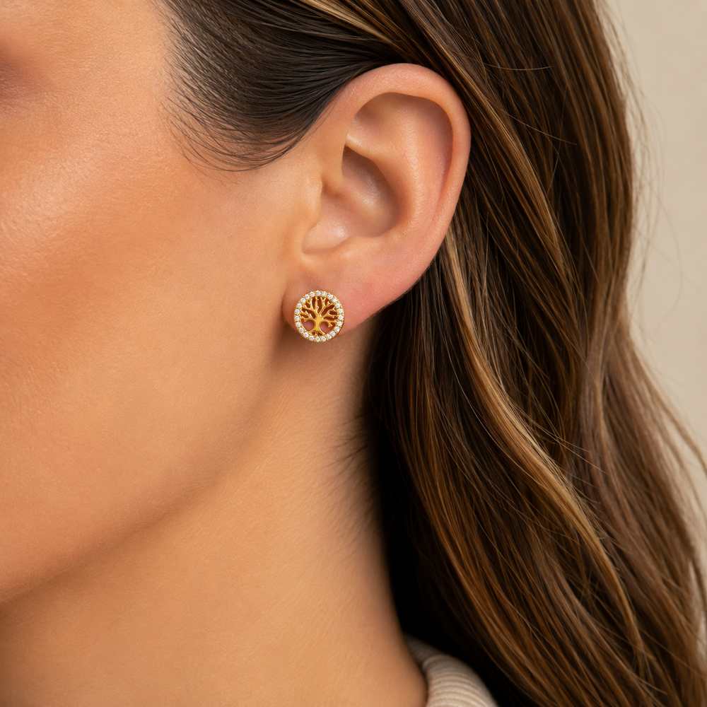 Brinco Redondo Árvore da Vida Borda Cravejada Banhado a Ouro 18k com Zircônias - 1,1 cm