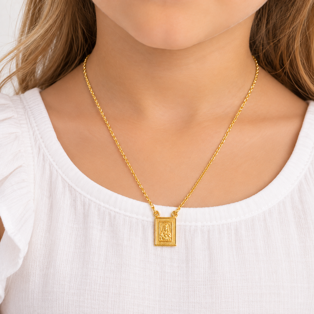 Corrente Escapulário Sagrado Coração de Jesus e Nossa Senhora do Carmo Banhado a Ouro 18k - 45cm
