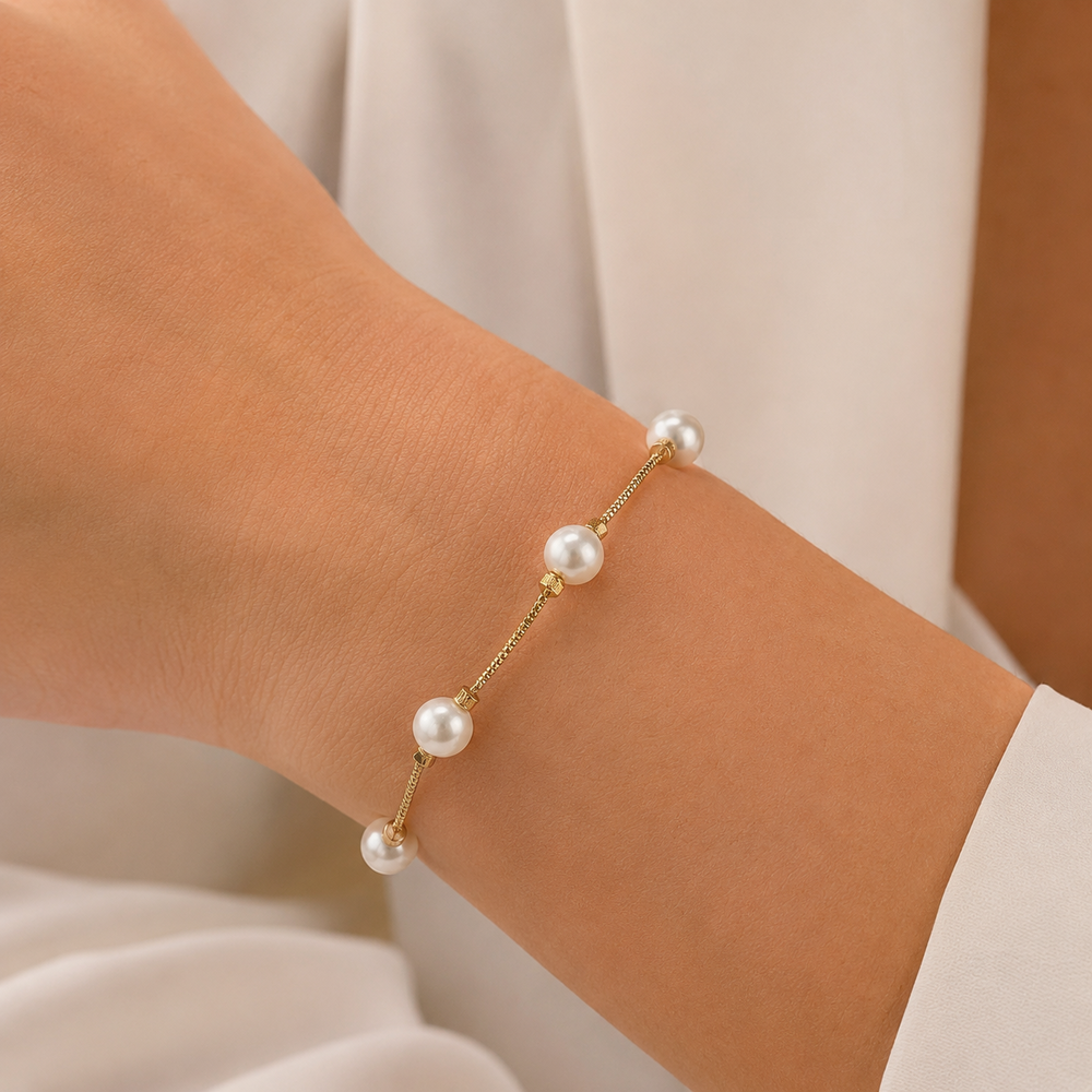 Pulseira Veneziana e Pérolas Banhada a Ouro 18k - 16 cm + 4cm (Alongador)