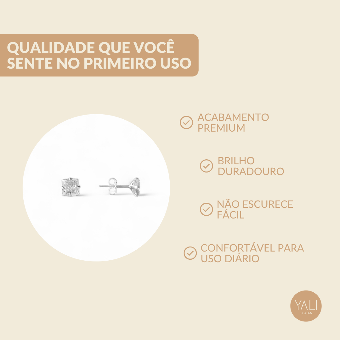 Brinco Ponto de Luz Quadrado Prata 925 com Zircônia - 6mm