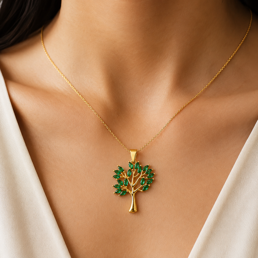 Pingente Arvore da Vida Verde Banhado a Ouro 18k com Zircônias Verdes - 2,5 cm