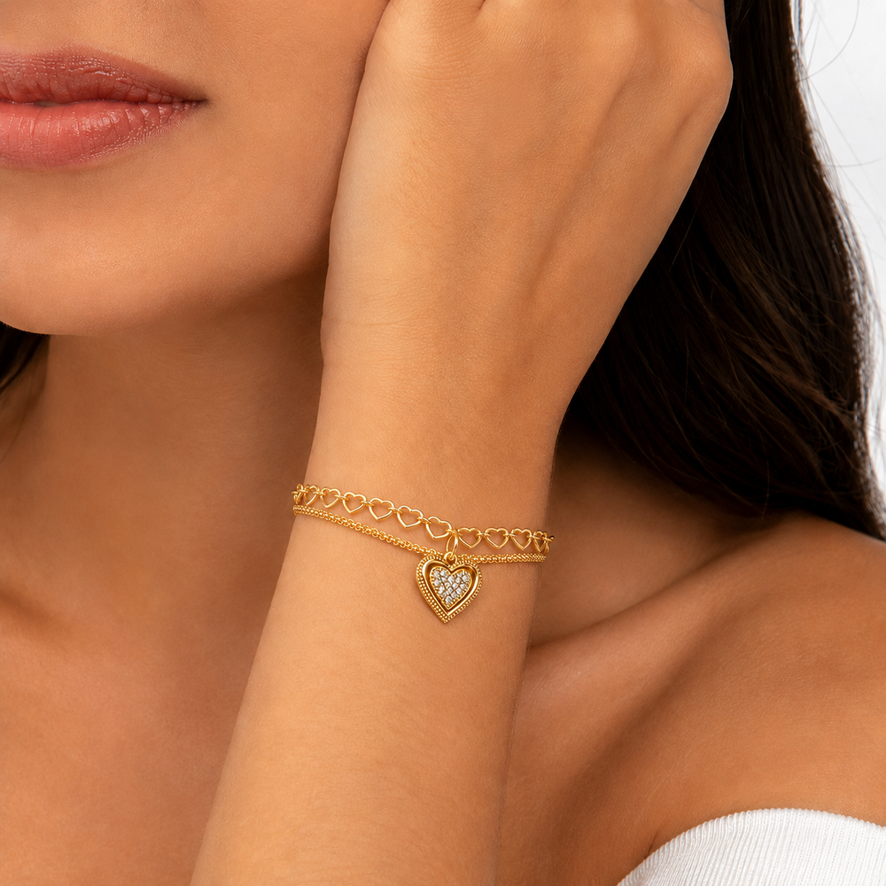 Pulseira Dupla Singapura e Elos de Coração Banhada a Ouro 18k com Zircônias - 16 cm