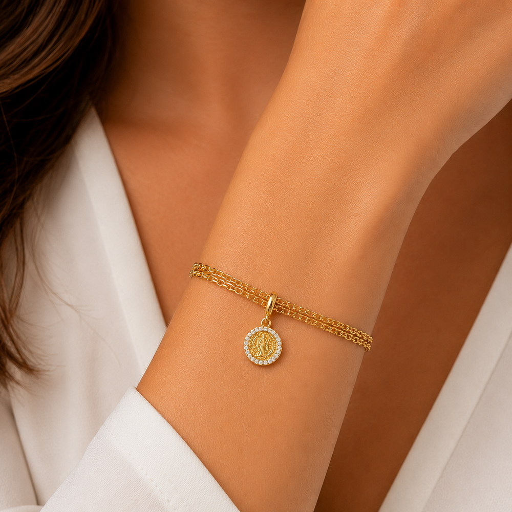Pulseira Medalha São Bento Dupla Borda com Pedras Banhado a Ouro 18k com Zircônias - 16 cm + 4 cm (Alongador)