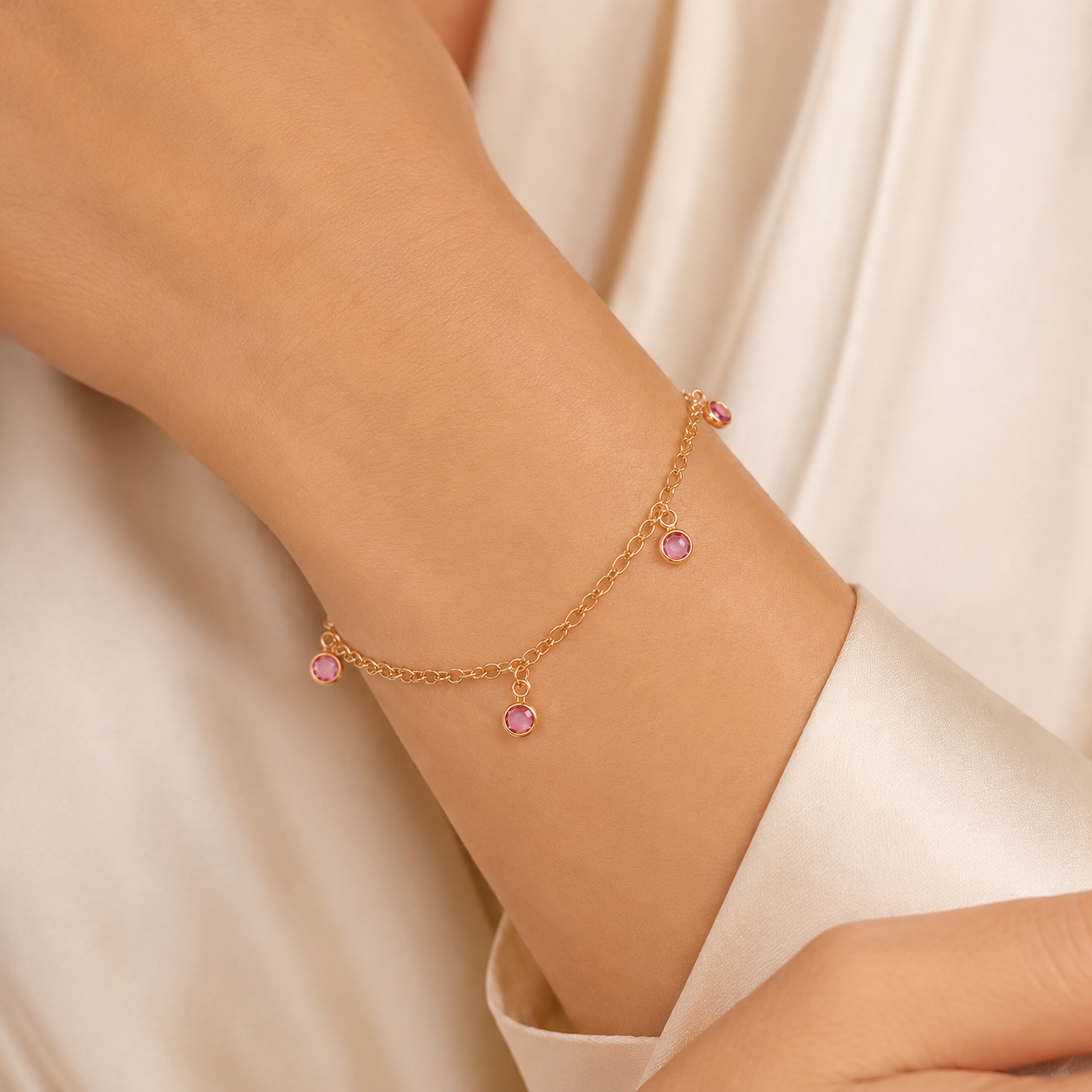Pulseira Ponto de Luz Rosa Banhada a Ouro 18k com Zircônias Rosa - 16 cm + 4 cm (Alongador)