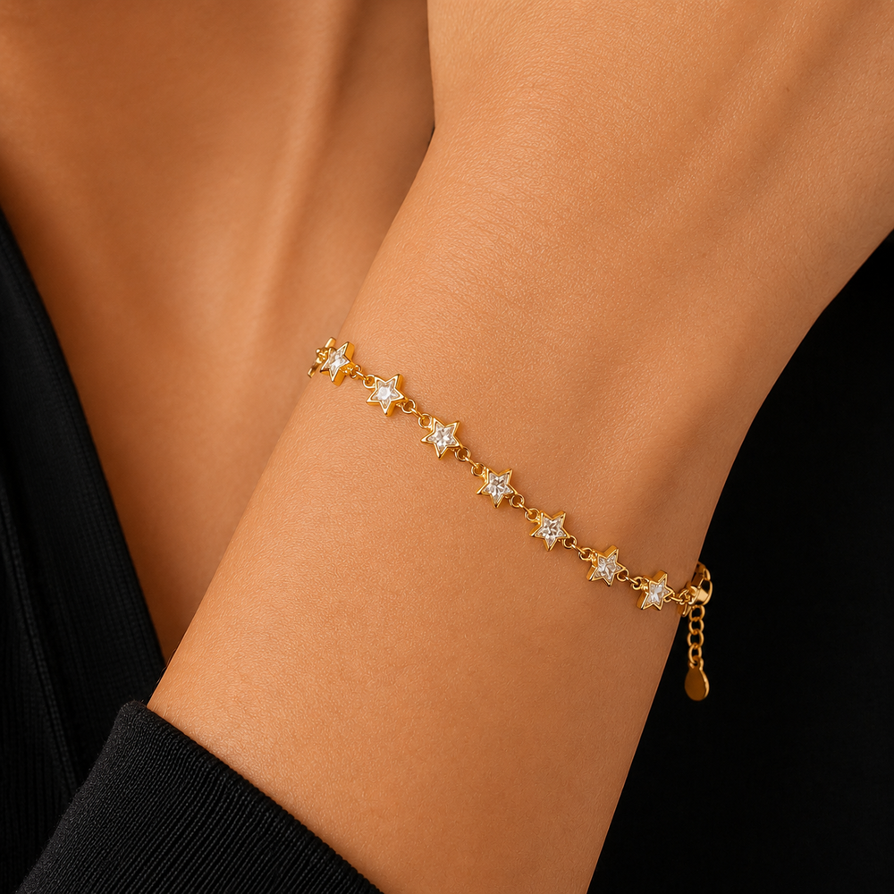Pulseira Estrelas Banhada a Ouro 18K com Zircônias - 16 cm + 4 cm (Alongador)
