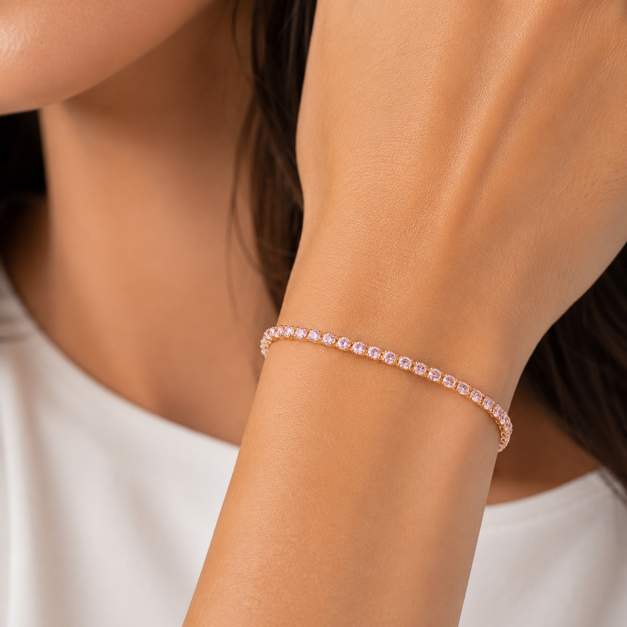 Pulseira Riviera 2 mm Rosa Banhada a Ouro 18k com Zircônia Rosa - 16 cm + 4 cm (Alongador)