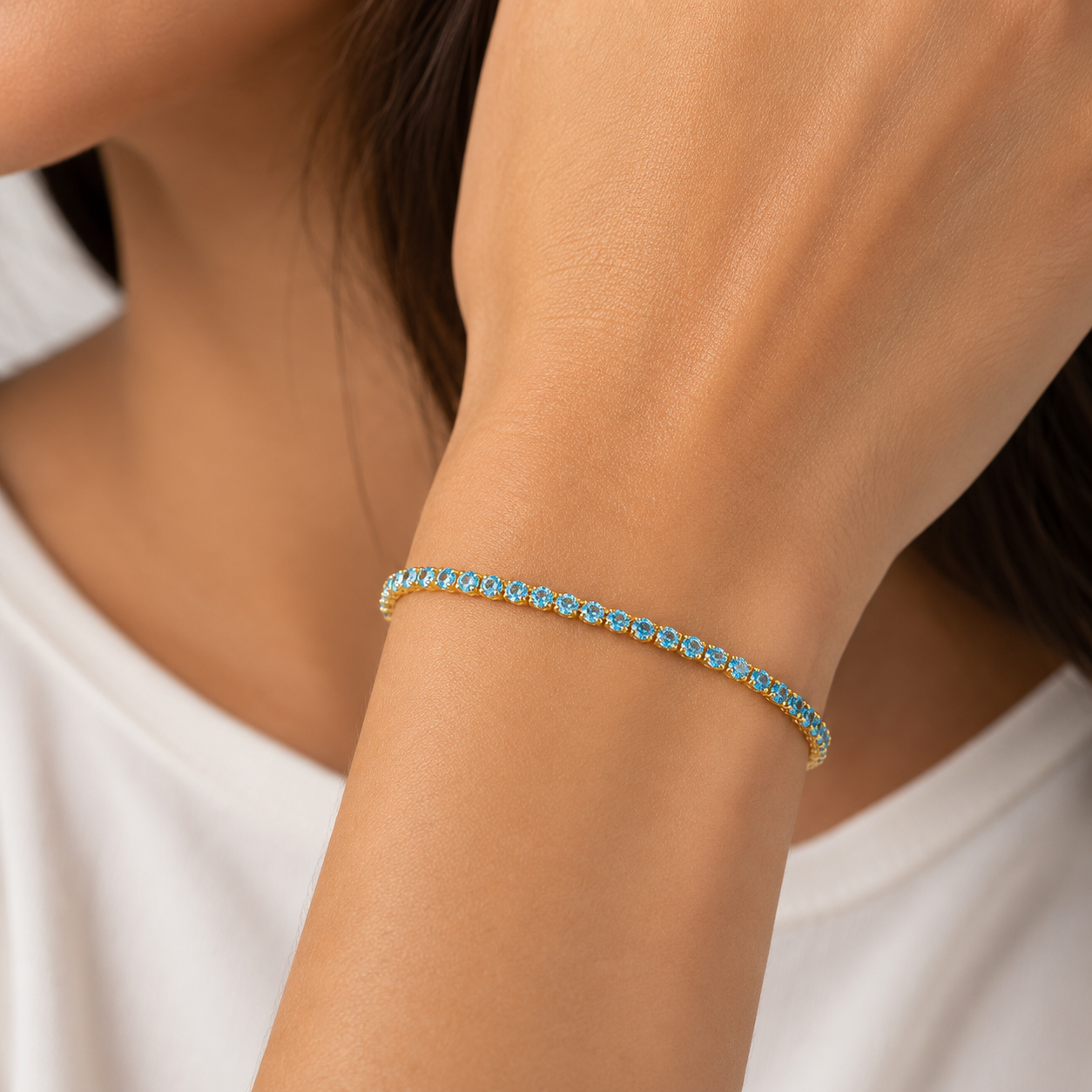 Pulseira Riviera 2 mm Azul Banhada a Ouro 18k com Zircônia Azul - 16 cm + 4 cm (Alongador)