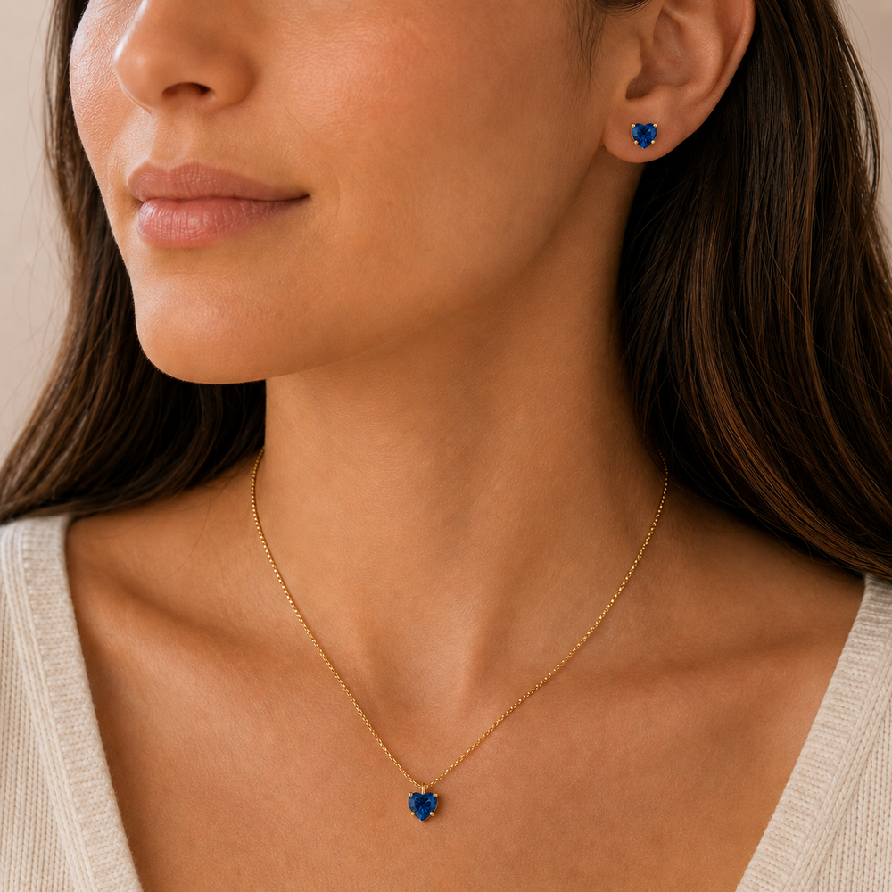 Conjunto Ponto de Luz Azul Coração Banhado a Ouro 18k com Zircônia Azul - 6mm