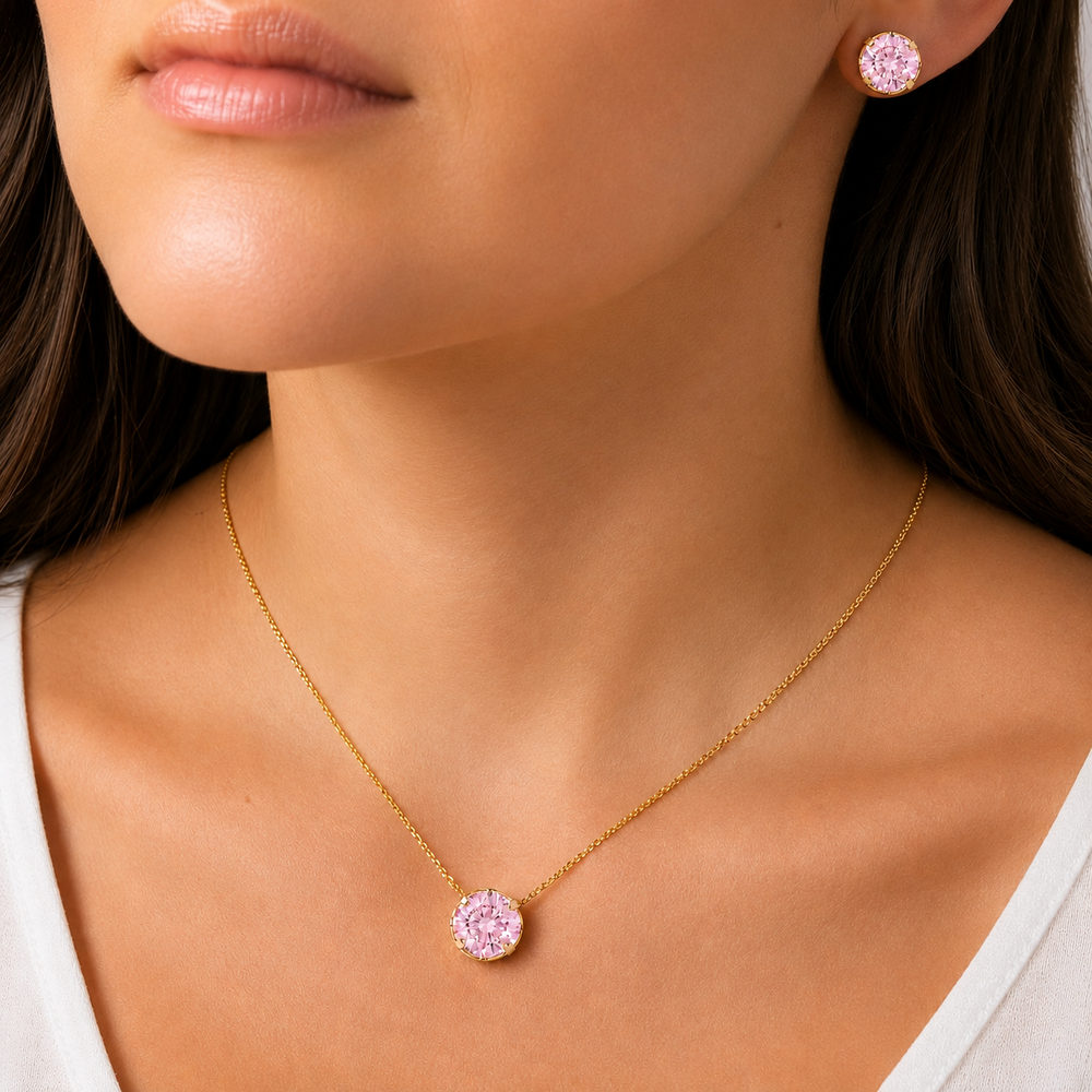 Conjunto Ponto de Luz Redondo Rosa Banhado a Ouro 18k com Zircônia Rosa - 8 mm