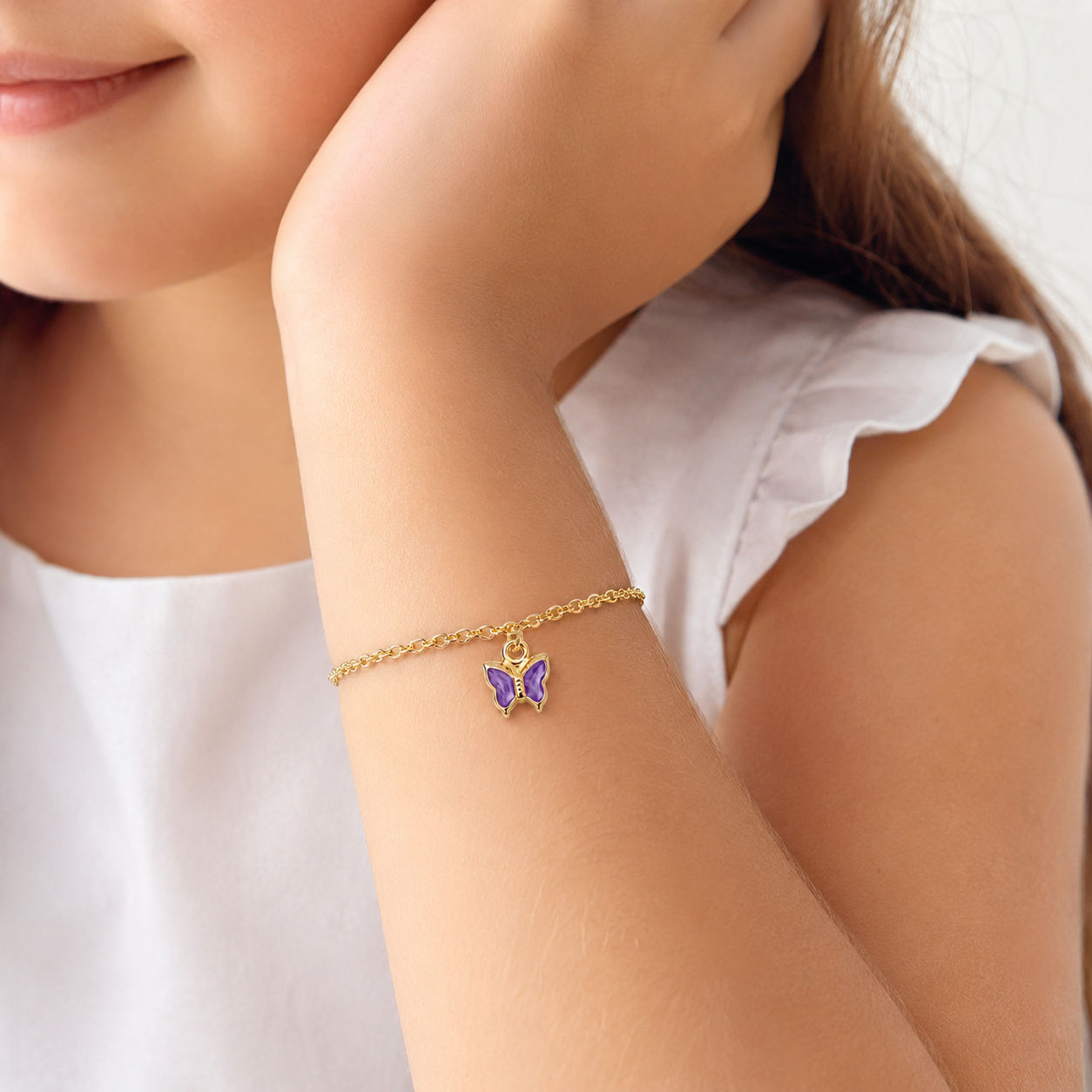 Pulseira Infantil Borboleta Lilás Banhada a Ouro 18k com Zircônia Lilás -12 cm + 3 cm (Alongador)