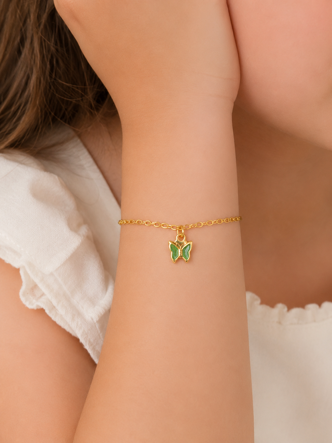 Pulseira Infantil Borboleta Verde Banhada a Ouro 18k com Zircônia Verde - 12 cm + 3 cm (Alongador)
