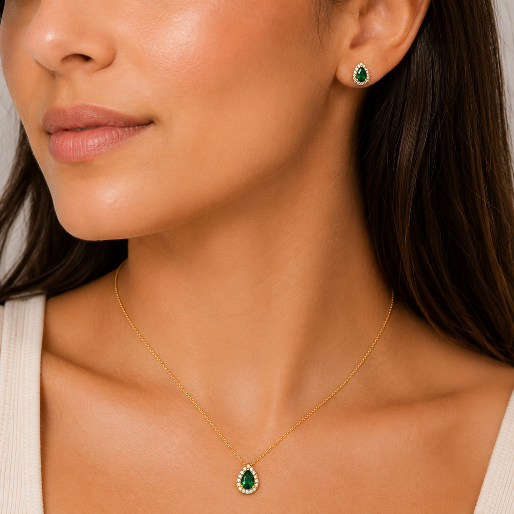 Conjunto Gota Verde Borda com Pedras Banhado a Ouro 18k com Zircônias - Ping. 1,2 cm, Brinco 9 mm