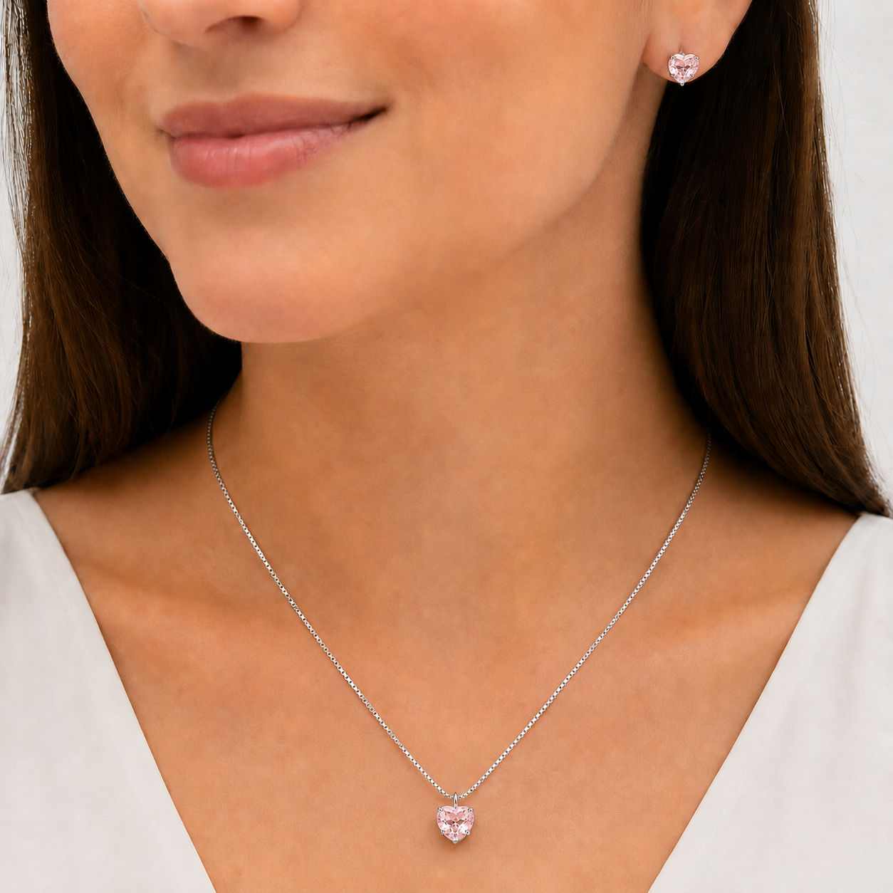 Conjunto Ponto de Luz Rosa Coração Folheado a Prata com Zircônias Rosa - 6mm