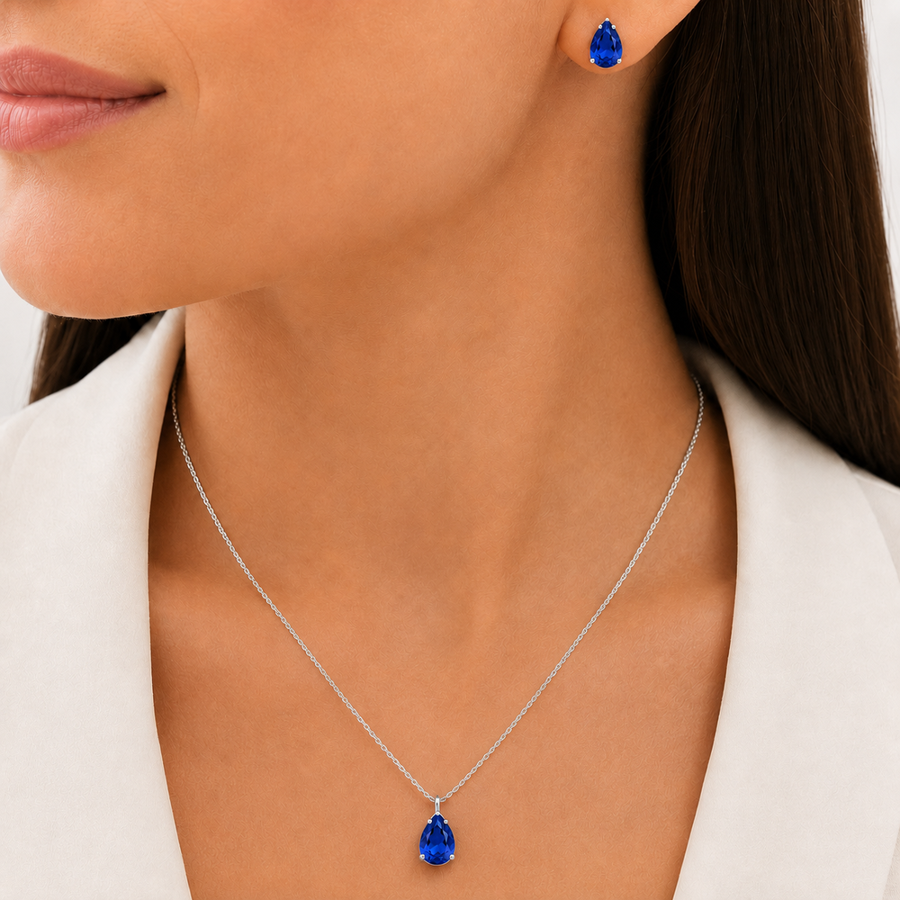 Conjunto Ponto de Luz Gota Azul Bic Folheado a Prata com Zircônias Azul - 6mm