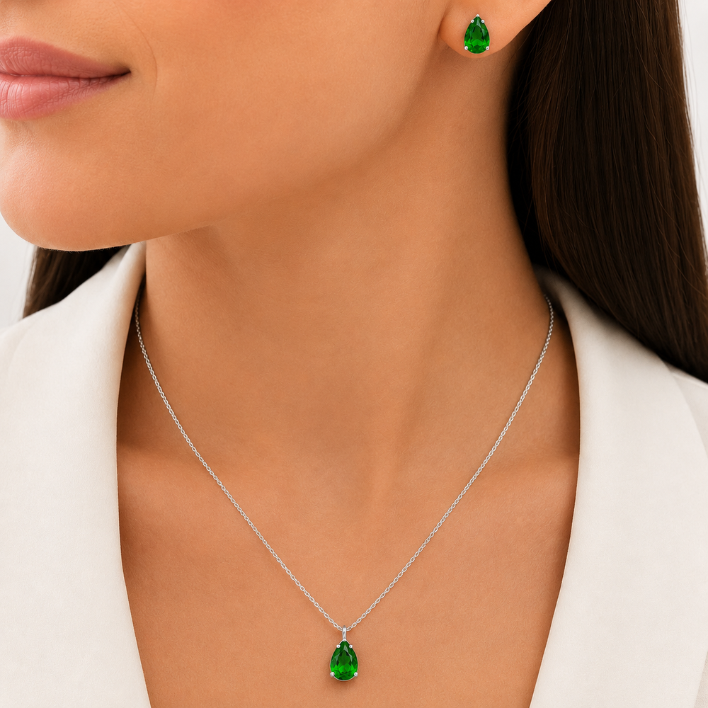 Conjunto Ponto de Luz Gota Verde Folheado a Prata com Zircônias Verde - 6mm