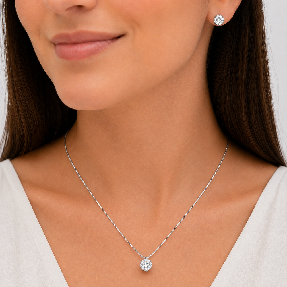 Conjunto Ponto de Luz Redondo Folheado a Prata com Zircônias - 8 mm