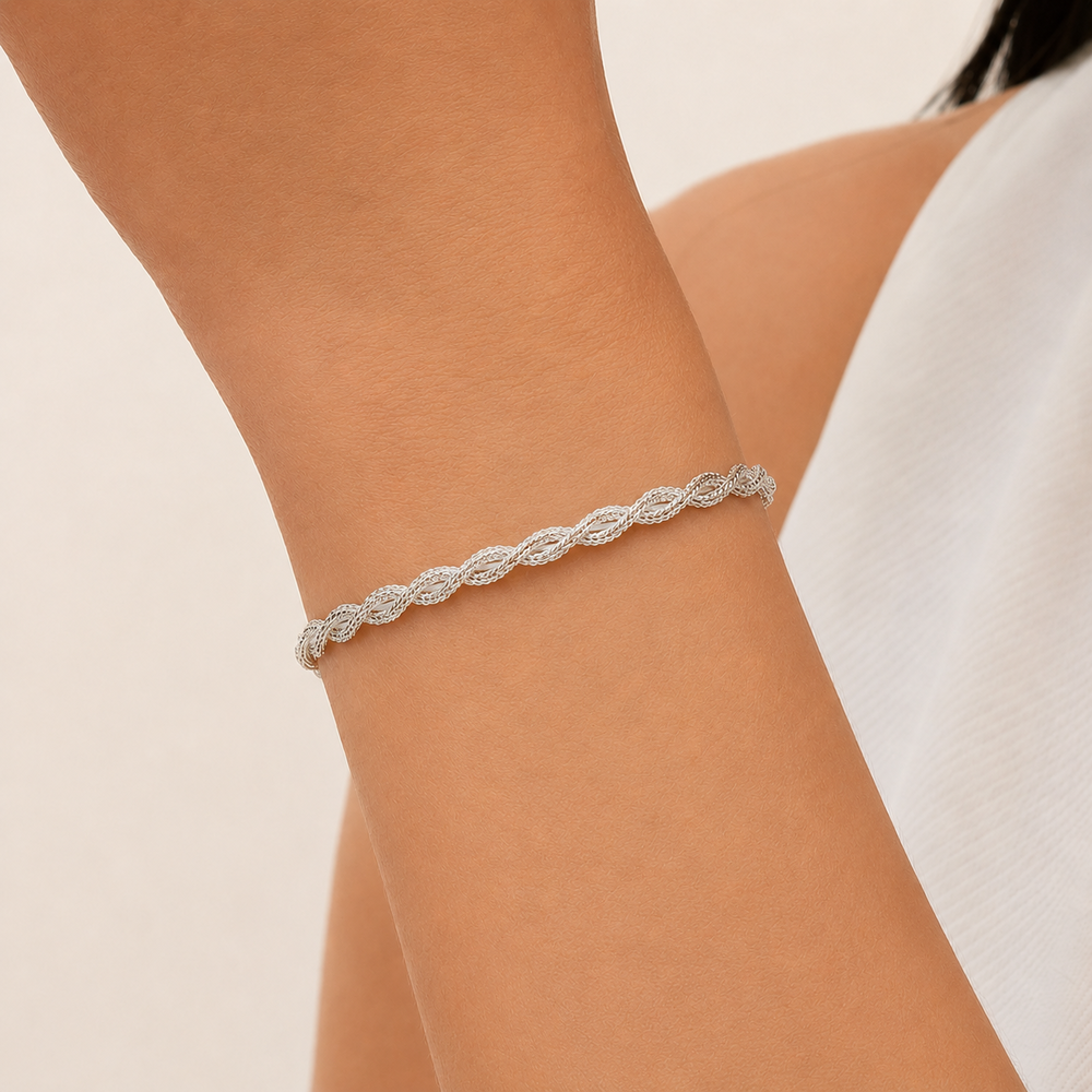 Pulseira 2 Fios Entrelaçados Folheada a Prata - 16 cm + 4 cm (Alongador)