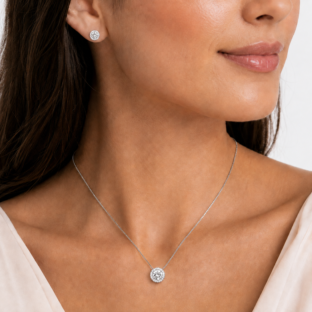 Conjunto Ponto de Luz Borda Cravejada Folheado a Prata com Zircônias - 9 mm, 6 mm