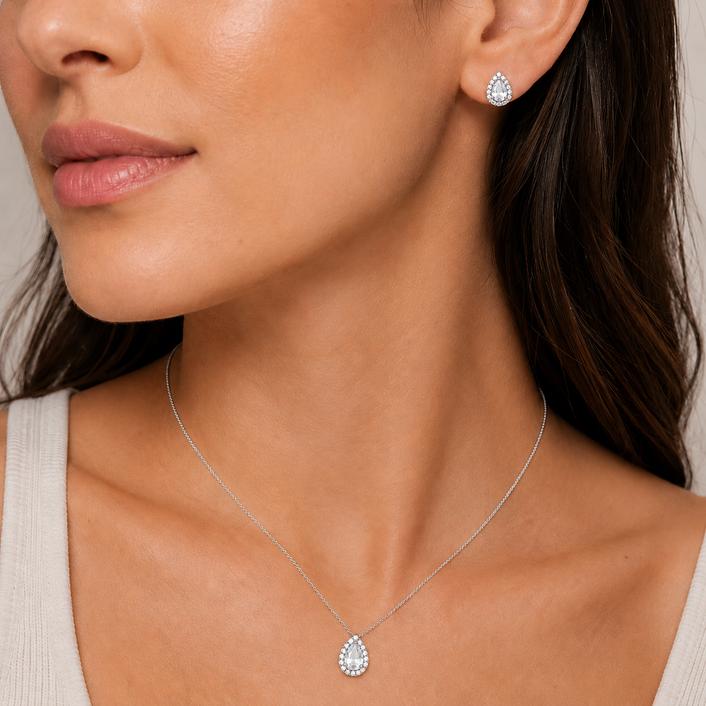 Conjunto Gota Borda com Pedras Folheado a Prata com Zircônias - Ping. 1,2 cm, Brinco 9 mm