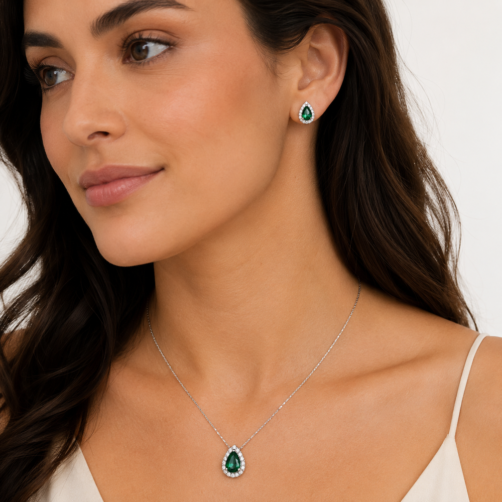 Conjunto Gota Verde Borda com Pedras Folheado a Prata com Zircônias Verdes - Ping. 1,2 cm, Brinco 9 mm