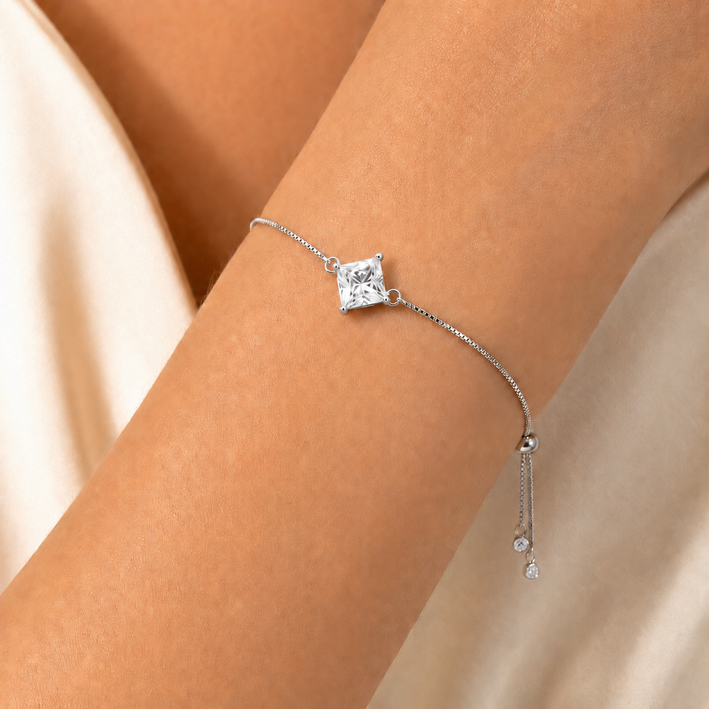 Pulseira Veneziana Pedra Quadrada Gravatinha Folheada a Prata com Zircônias