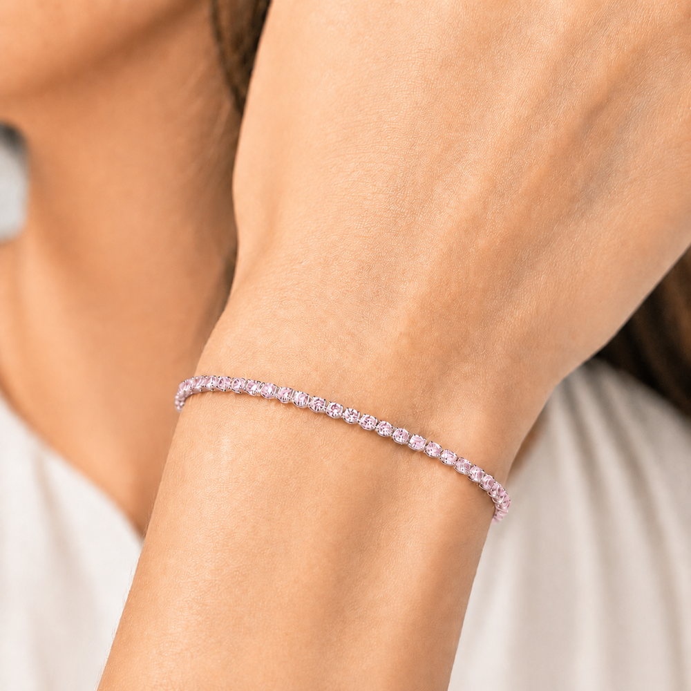 Pulseira Riviera Rosa 1,5mm Folheada a Prata com Zircônia Rosa - 16 cm + 4 cm (Alongador)