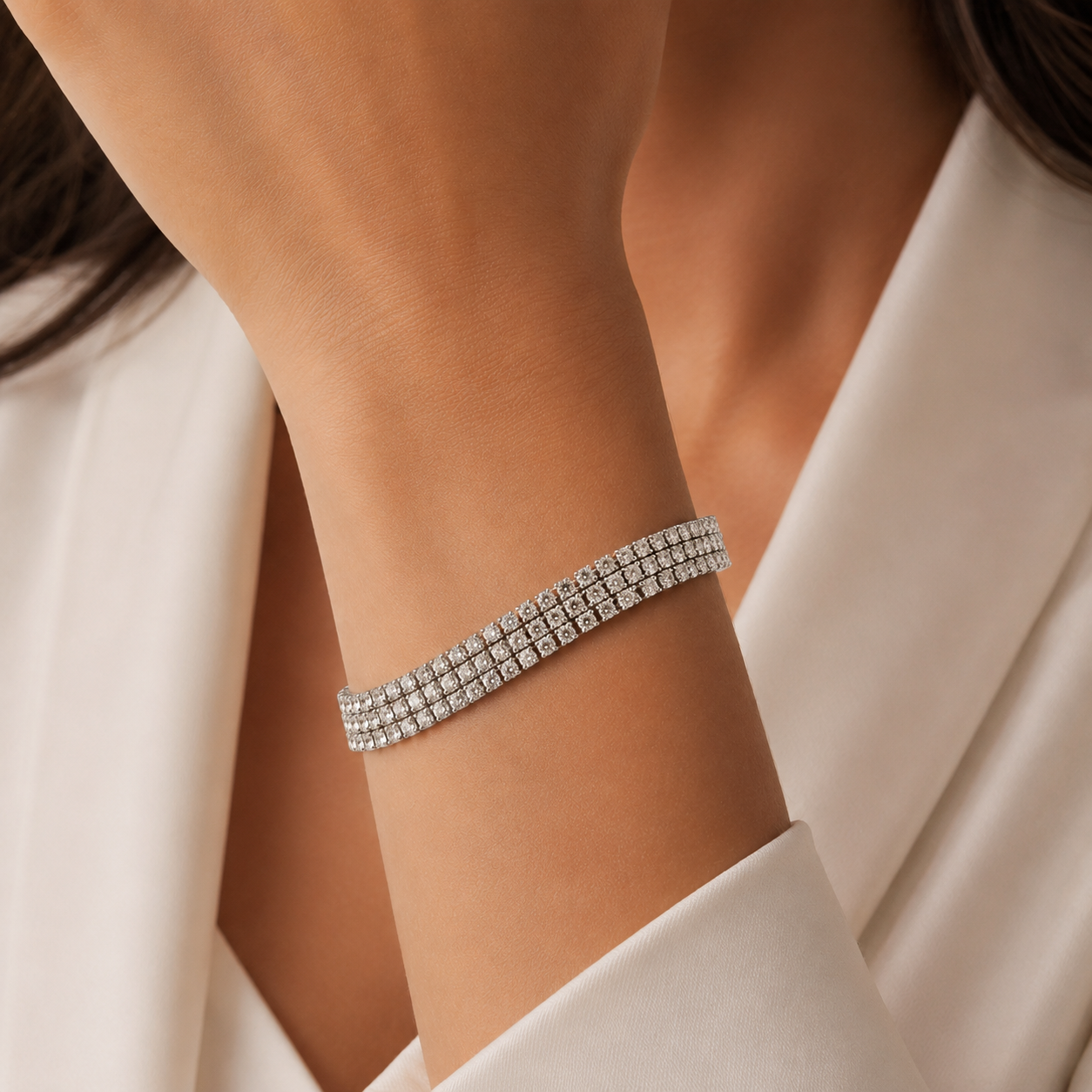 Pulseira Tripla Riviera 2 mm Folheada a Prata com Zircônia - 16 cm + 4 cm (Alongador)