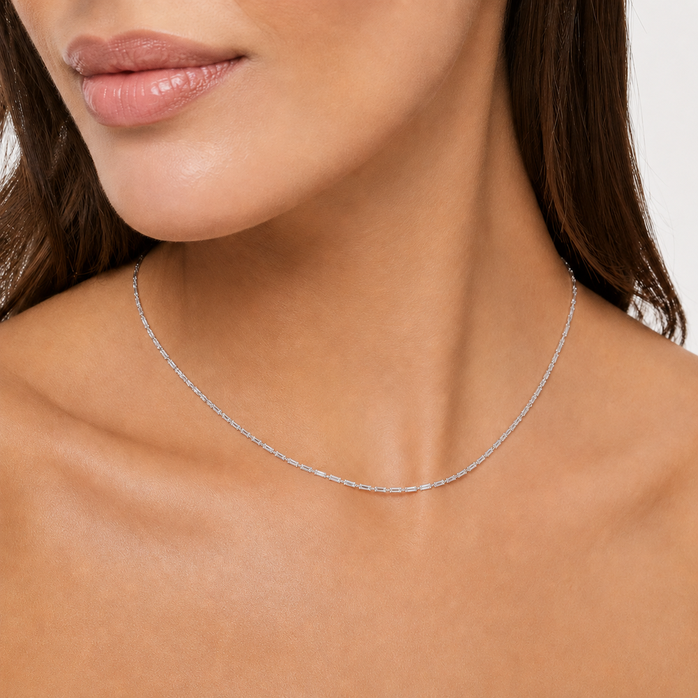 Colar Choker Riviera Retangular 1 mm Folheada a Prata com Zircônias - 36 cm + 8 cm (Alongador)