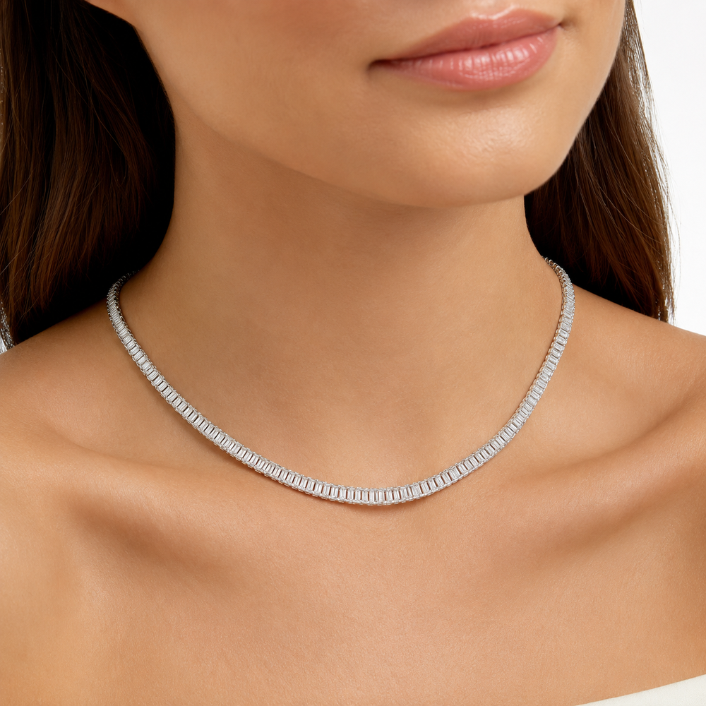 Colar Choker Riviera 3 mm Baguete Folheada a Prata com Zircônias - 35 cm + 8 cm (Alongador)