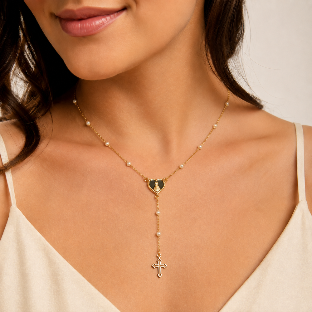Colar Terço Rosário com Pérolas Banhado a Ouro 18k - 40 cm + 5 cm (Alongador)