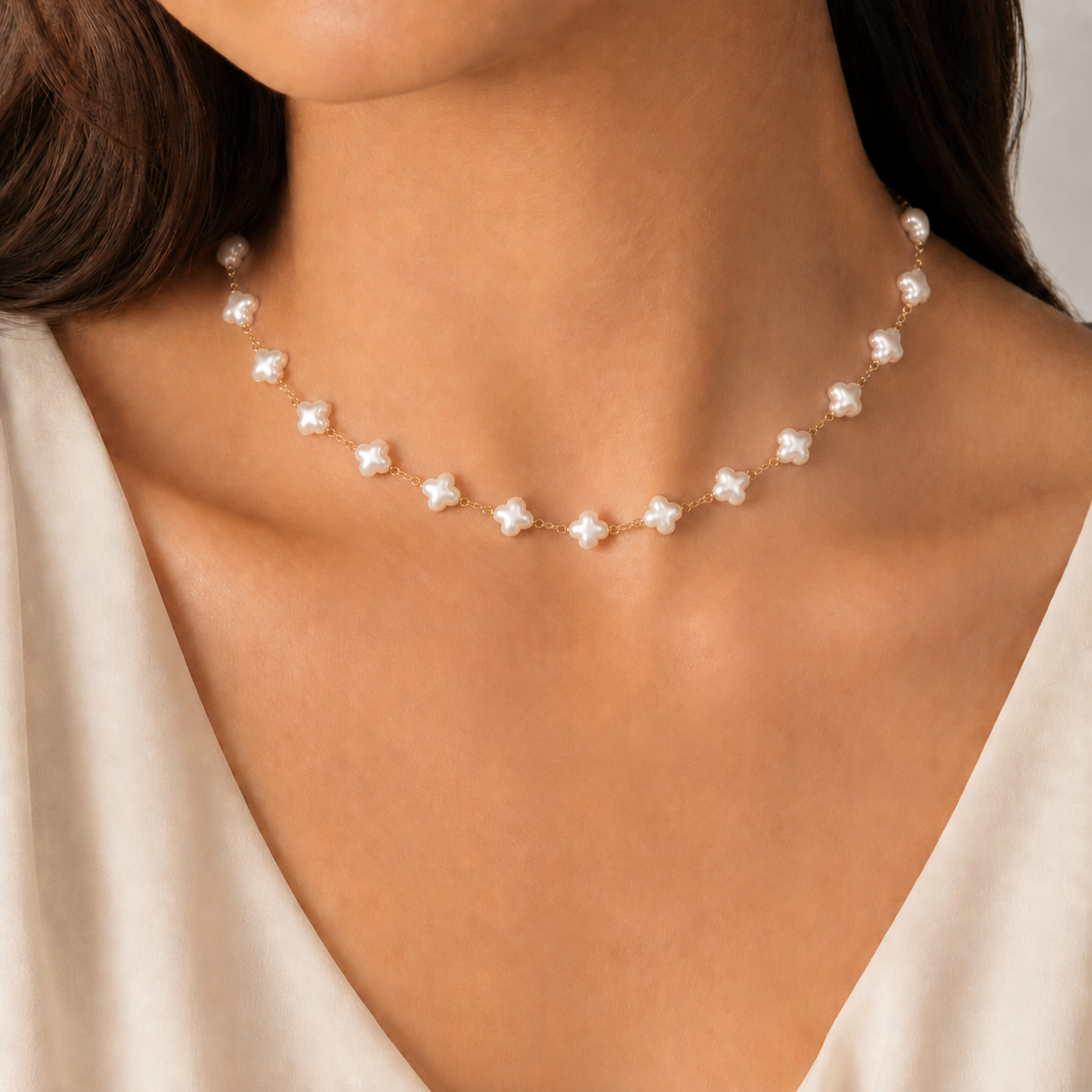Colar Choker Trevo em Pérolas Banhado a Ouro 18k - 30 cm + 10 cm (Alongador)
