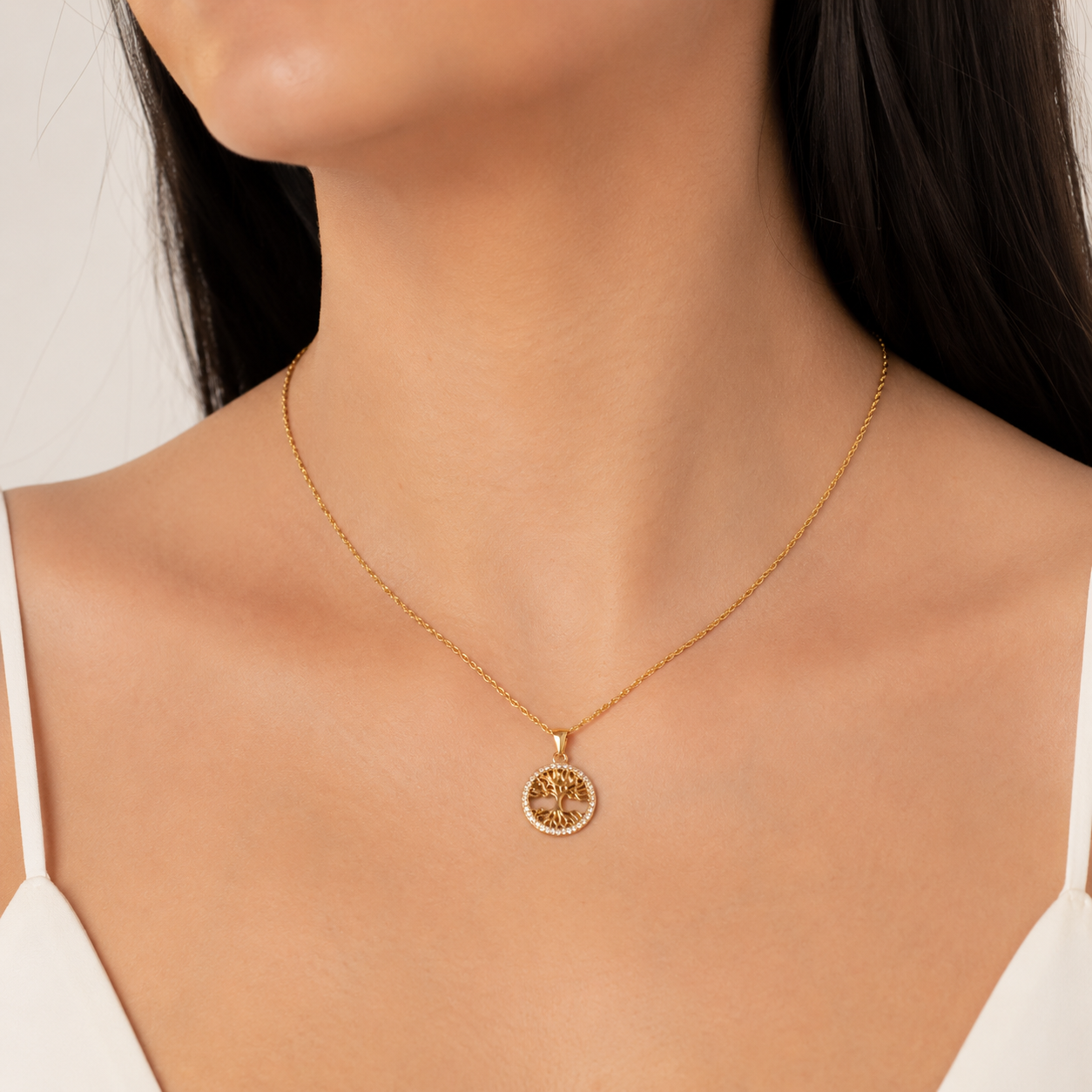 Colar Singapura Medalha Árvore da Vida Borda Cravejada Banhado a Ouro 18k com Zircônias - 45 cm + 3 cm (Alongador)