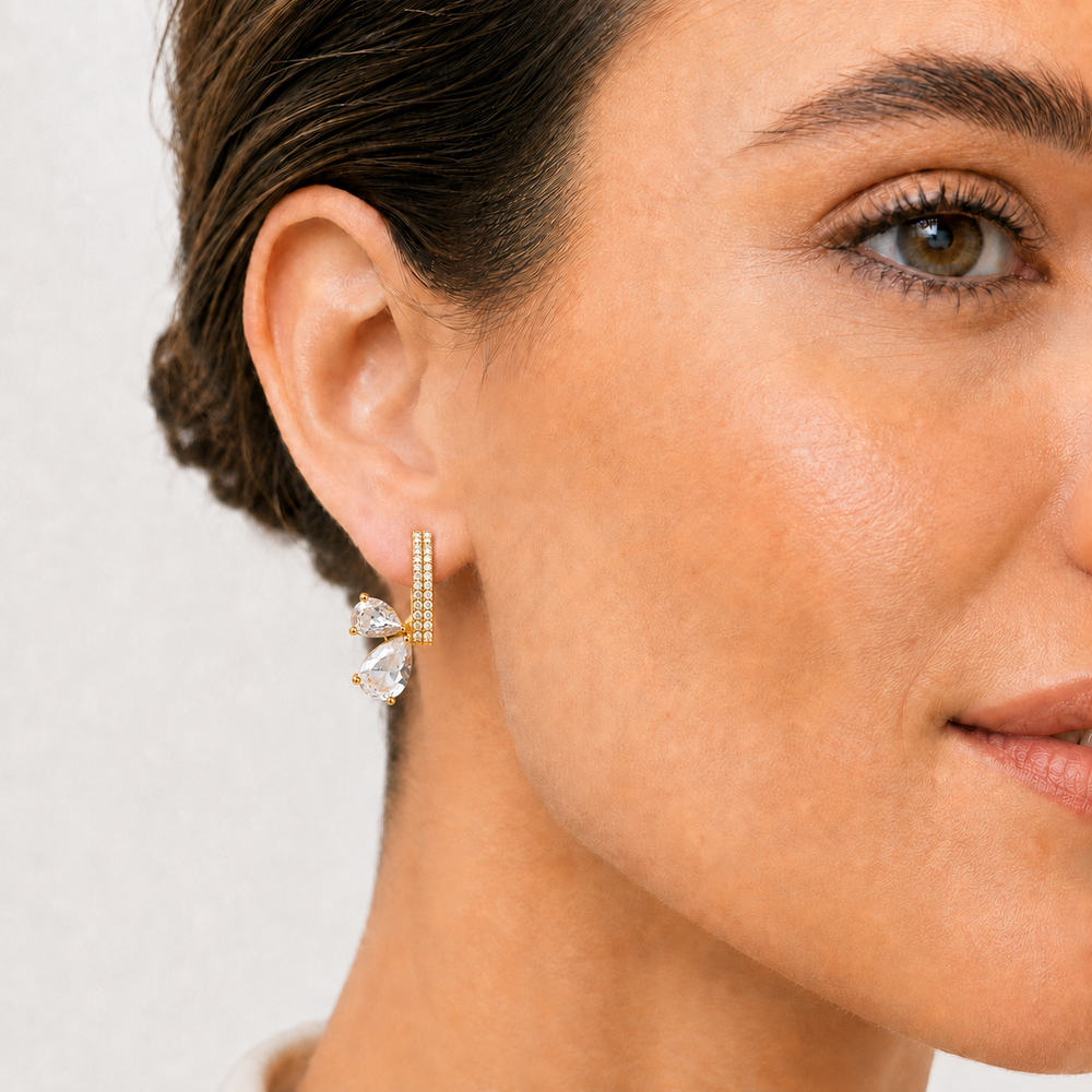 Brinco Ear Cuff 2 Gotas Frente Cravejada Banhado a Ouro 18k com Zircônias - 2 cm