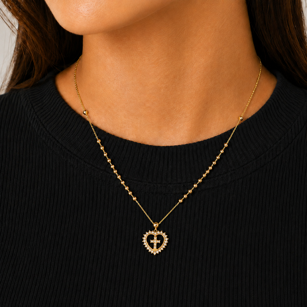Colar Estilo Rosário Coração com Cruz Cravejado Banhado a Ouro 18k com Zircônias - 45 cm + 3 cm (Alongador)