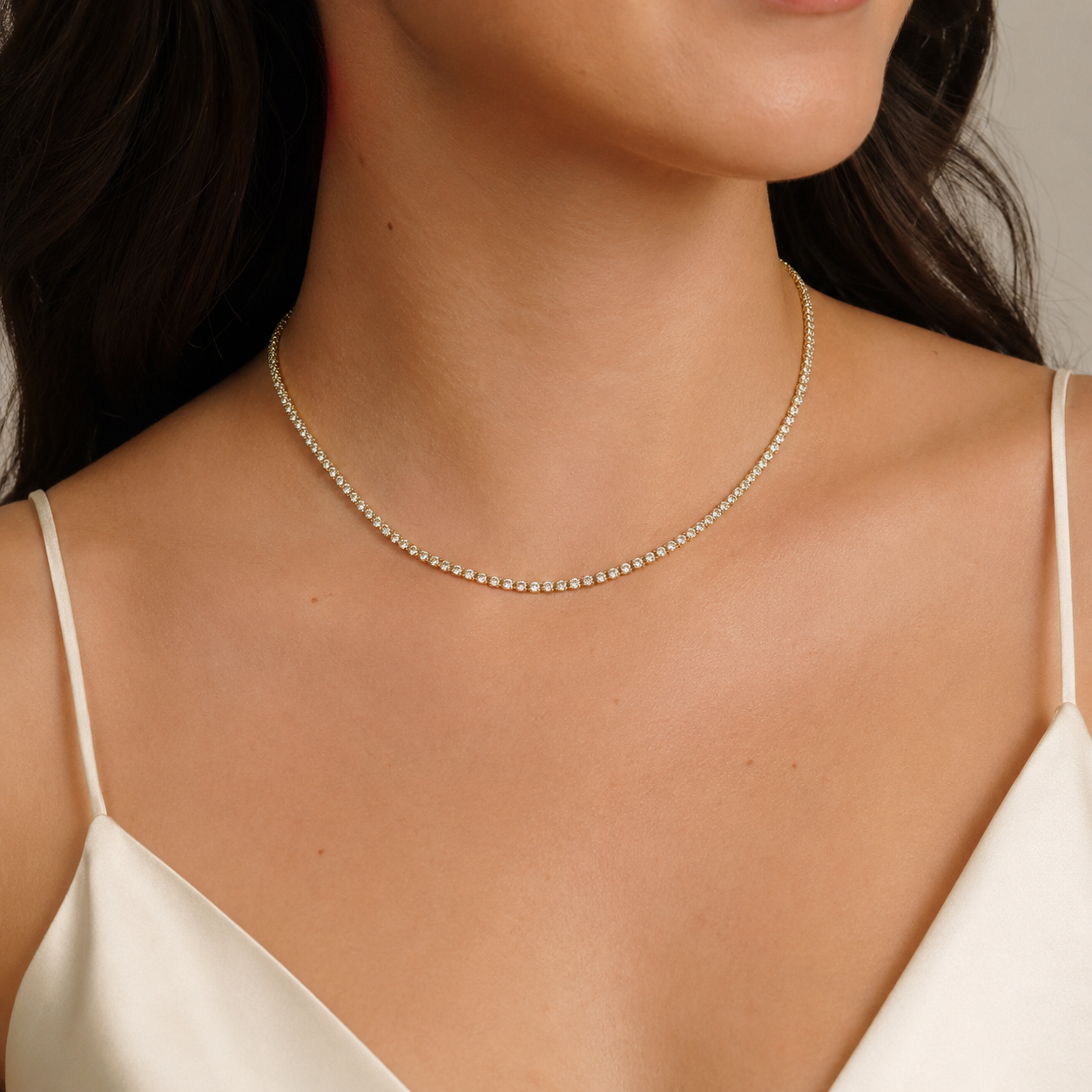 Colar Choker Riviera 1,5mm Zircônias Banhado a Ouro 18k - 31cm + 10 cm (Alongador)