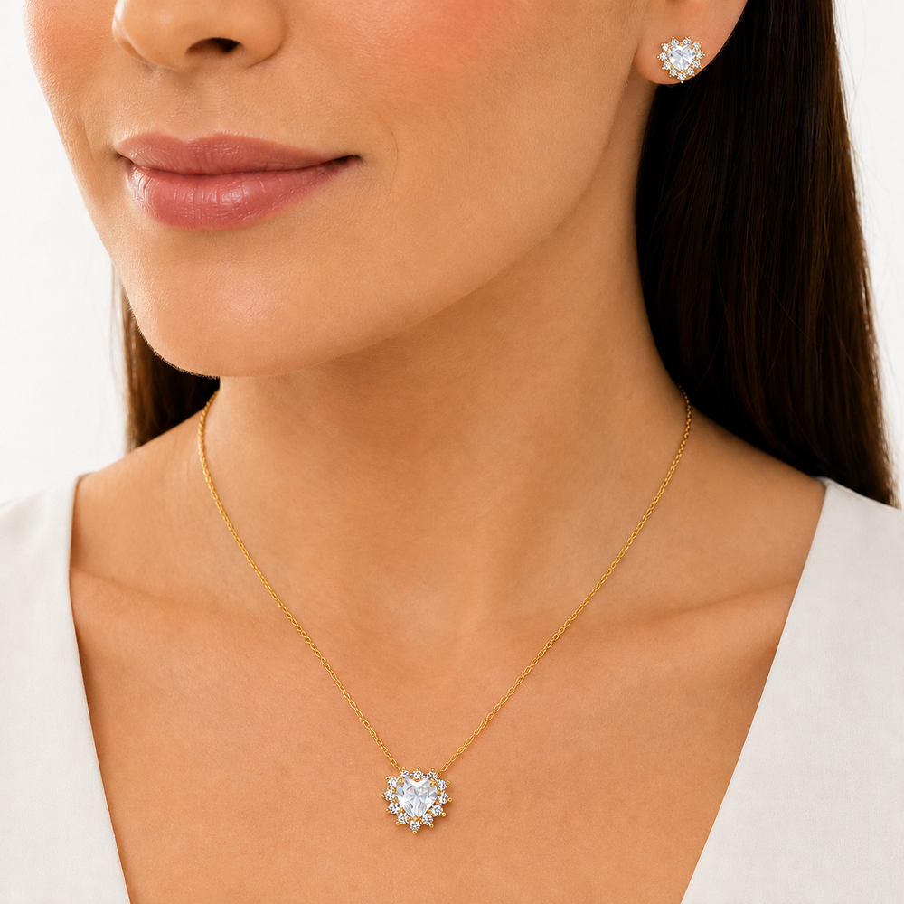 Conjunto Coração Borda Cravejada Banhado a Ouro 18k com Zircônias - 1 cm, 8 mm