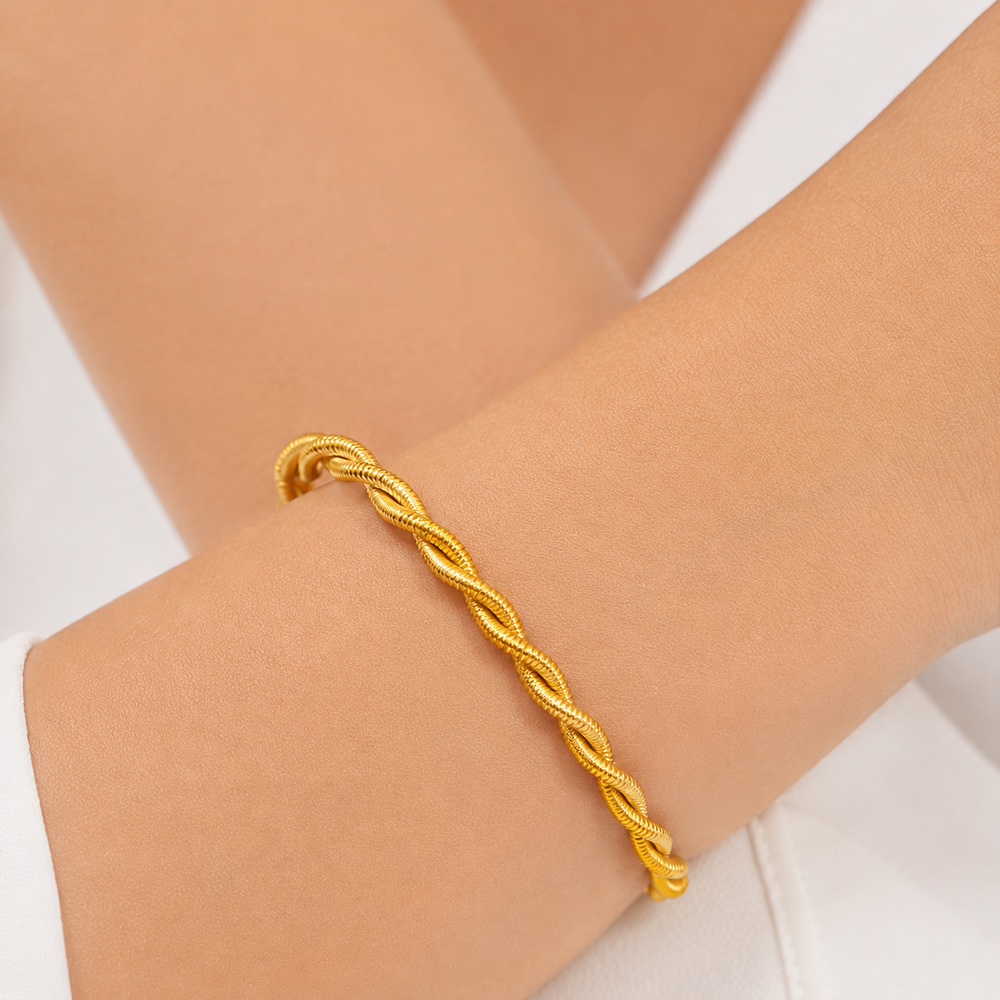Pulseira Bracelete Aberto 2 Fios Trançados Banhado a Ouro 18k