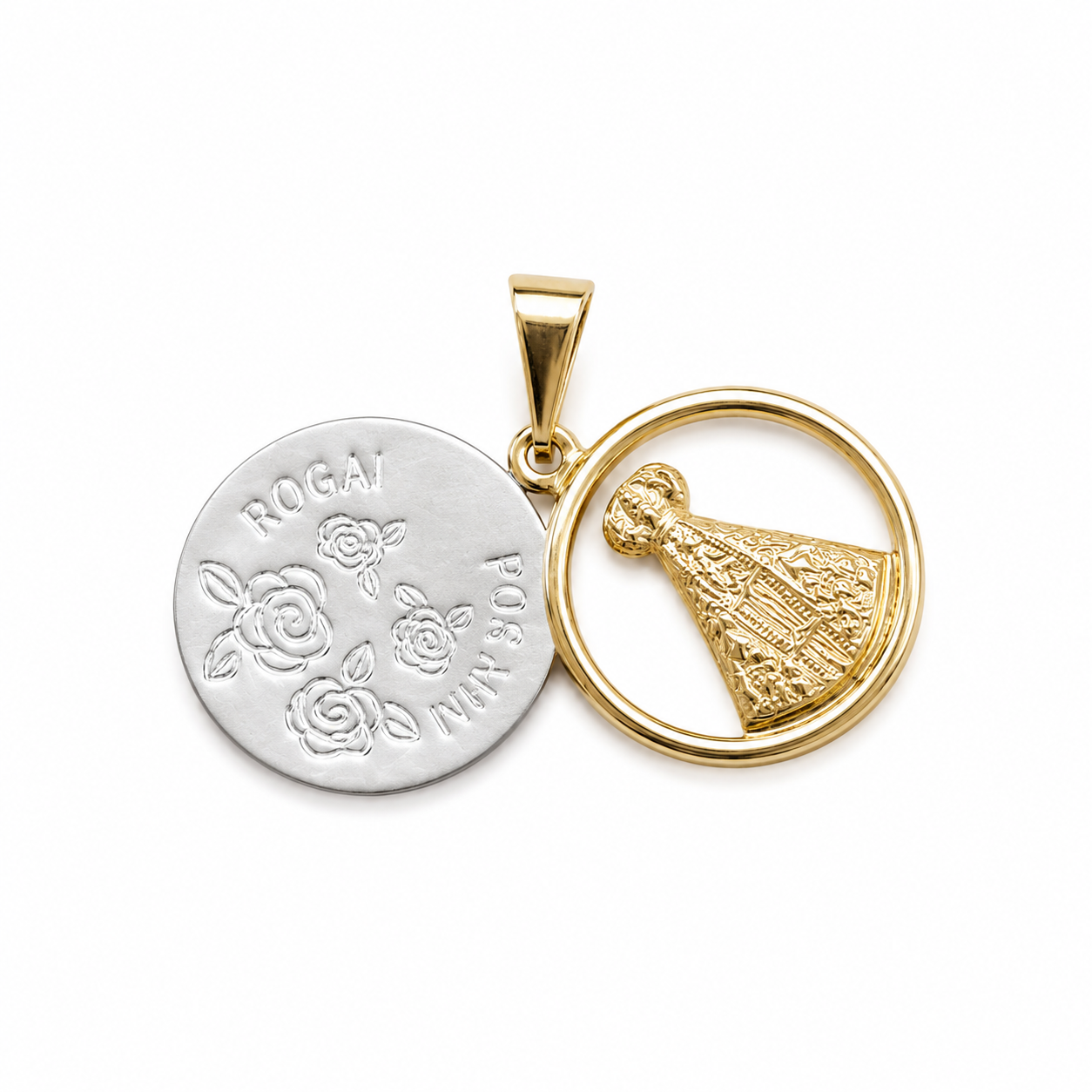 Pingente Nossa Senhora Aparecida Medalha Dupla Face Ródio + Banhado a Ouro 18k - 2,1 cm