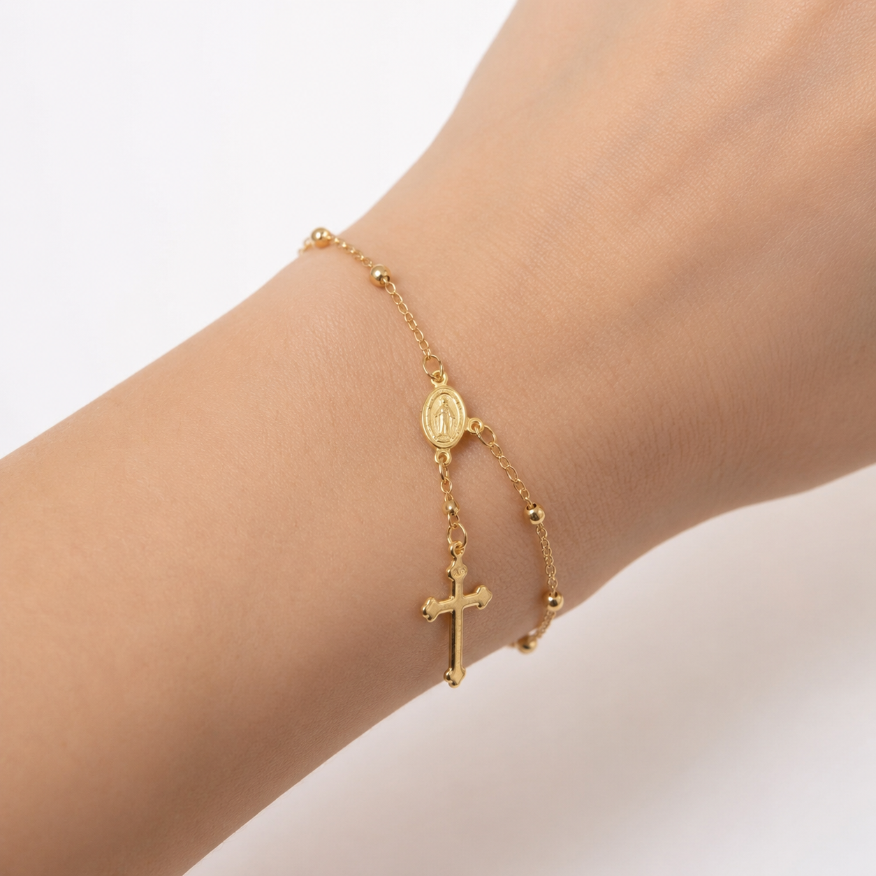 Pulseira Terço Rosário Banhada a Ouro 18k - 19 cm