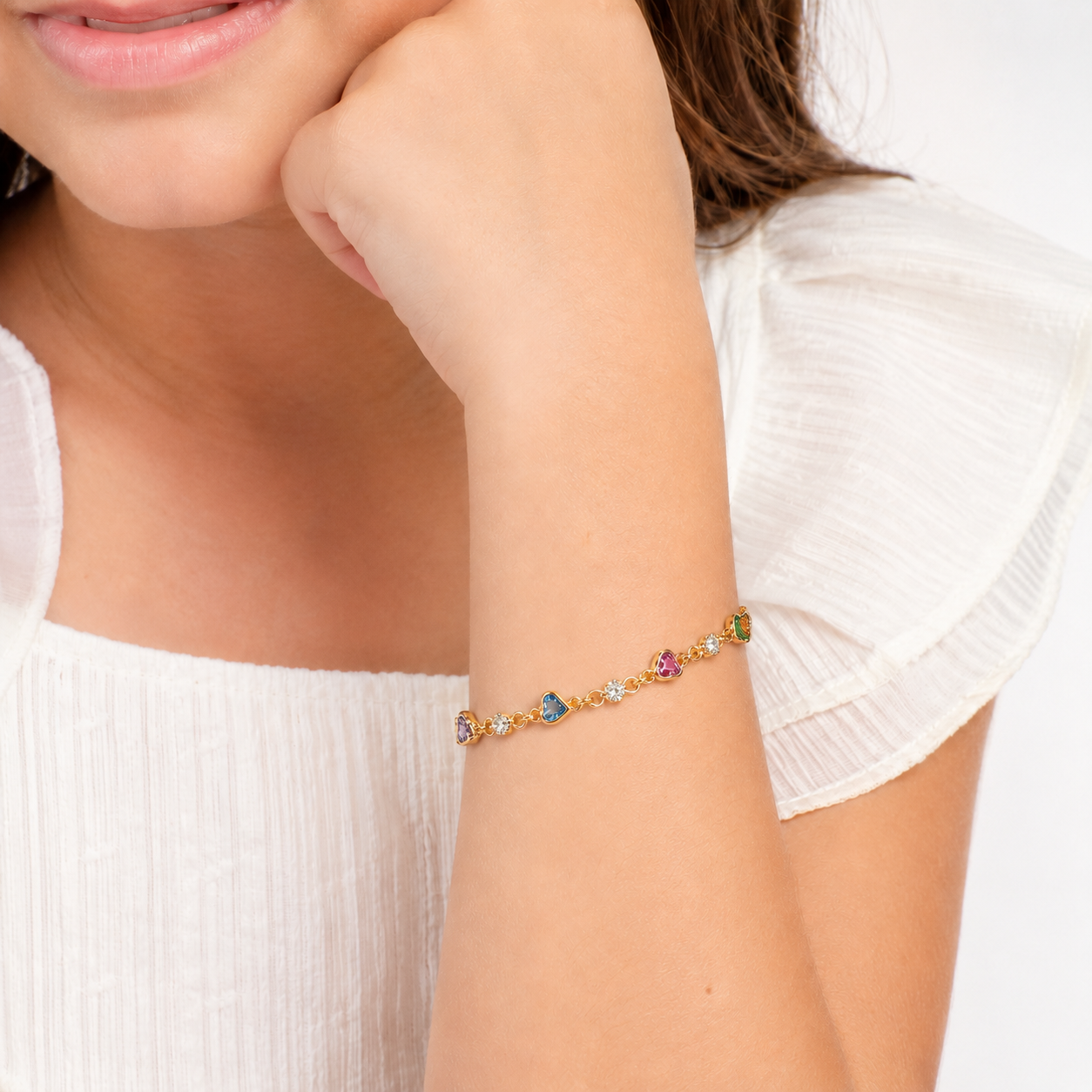 Pulseira Infantil Corações Coloridos Banhado a Ouro 18k com Cristais Coloridos - 14 cm