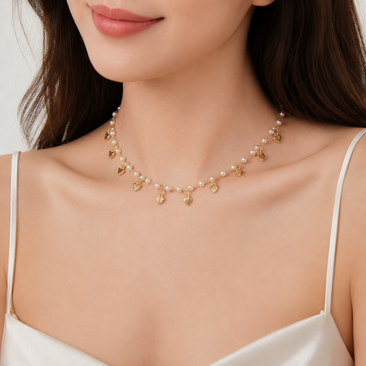 Colar Pérolas e Corações Lisos Banhado a Ouro 18k 40 cm + 8 cm (Alongador)