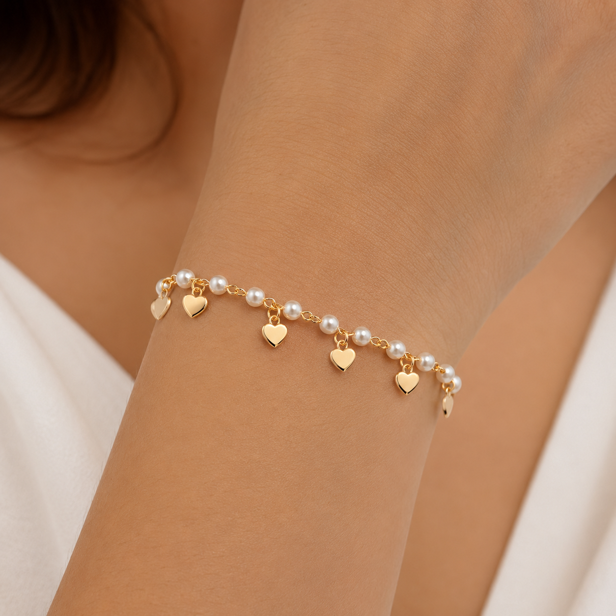 Pulseira Pérolas e Corações Banhado a Ouro 18k - 16 cm + 4 cm (Alongador)