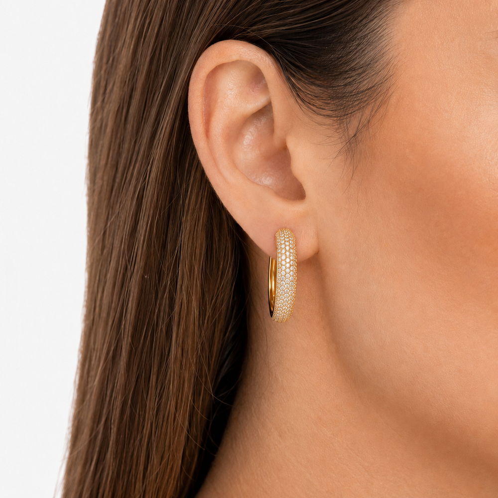Brinco Argola Click Frente Cravejada Banhado a Ouro 18k com Zircônias - 2,3 cm