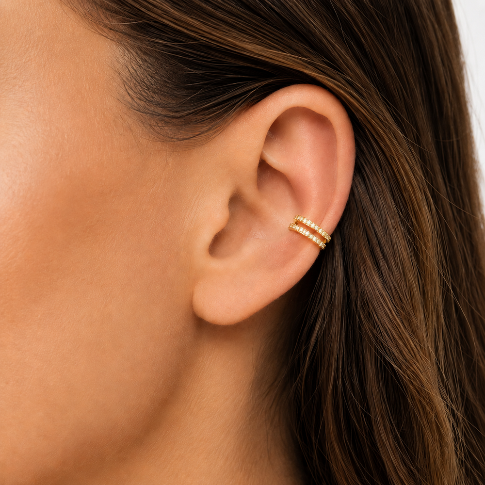 Brinco Cartilagem Fake 2 Linhas de Cravejadas Banhado a Ouro 18k - 1 cm