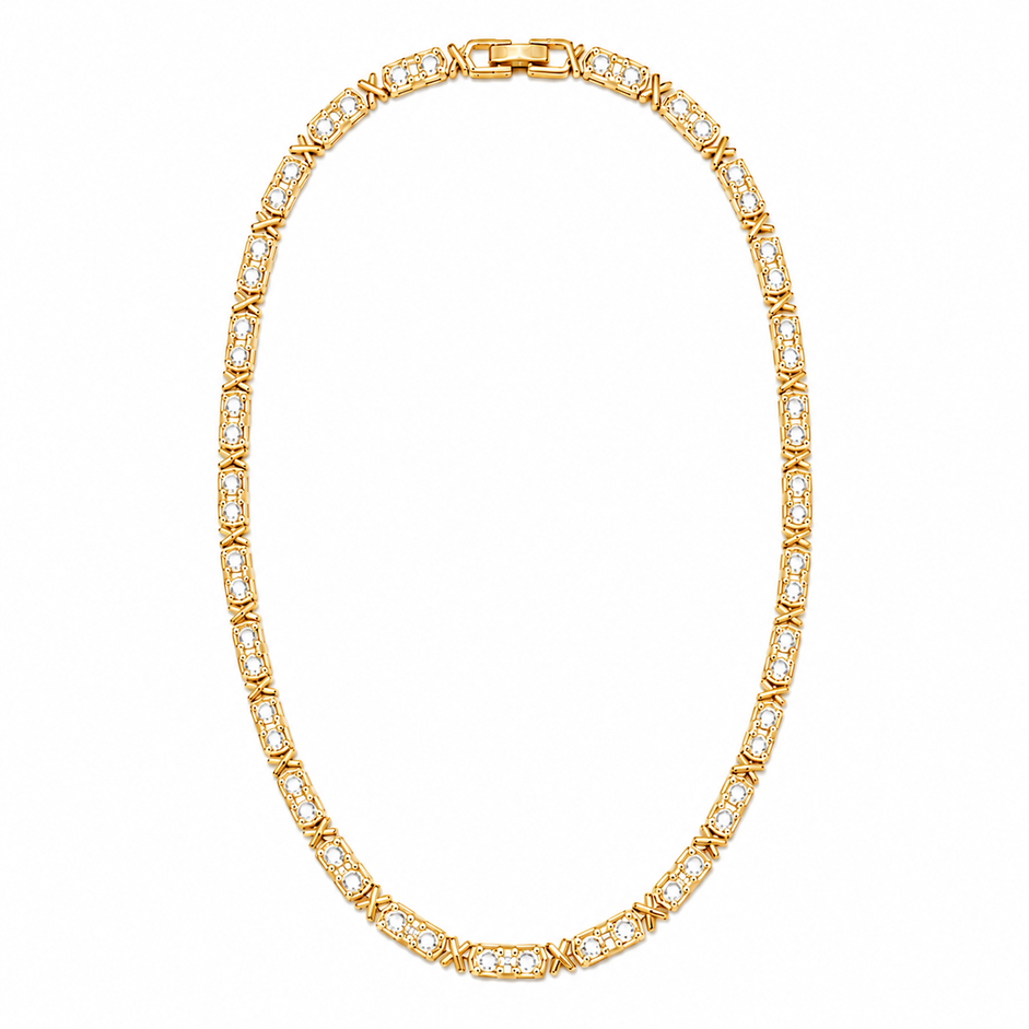 Colar X Liso + Pedras Intercaladas (4mm) Banhado a Ouro 18k com Zircônias - Fecho Dobrável - 40 cm