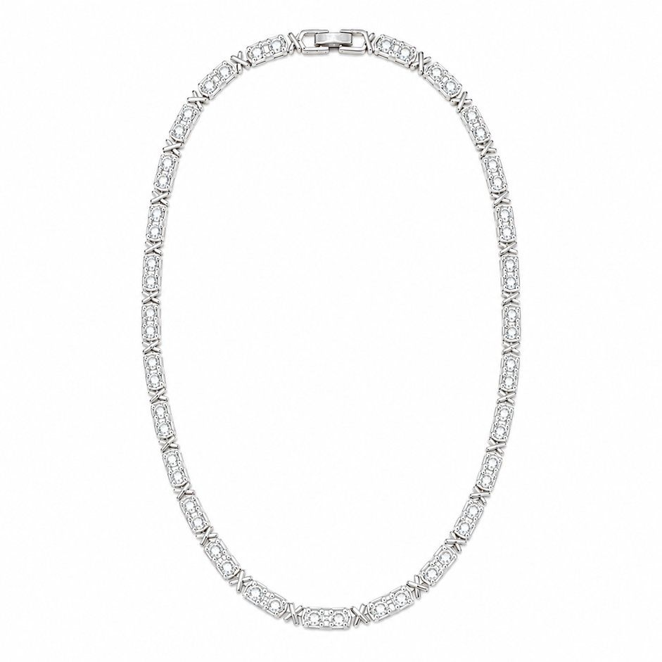 Colar X Liso + Pedras Intercaladas (4mm) Folheado a Prata com Zircônias - Fecho Dobrável - 40 cm