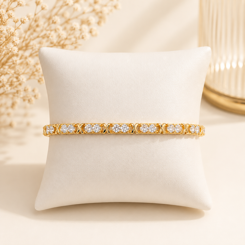 Pulseira X Liso + Pedras Intercaladas (4mm) Banhado a Ouro 18k com Zircônias - Fecho Dobrável - 17,5 cm
