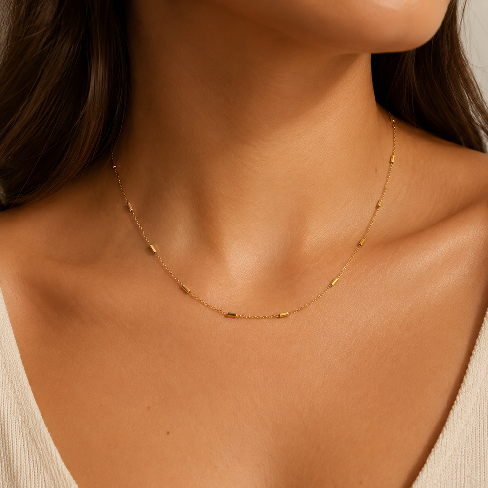 Corrente com Tubinhos (1mm)  Banhado a Ouro 18k - 40 cm + 3 cm (Alongador)