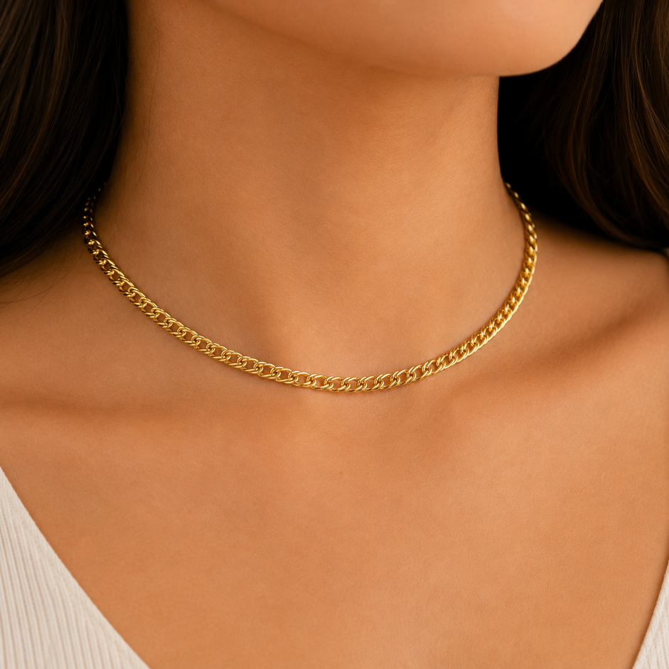 Colar Choker Estilo Elo Romano (5mm) Banhado a Ouro 18k - 30 cm + 10 cm (Alongador)
